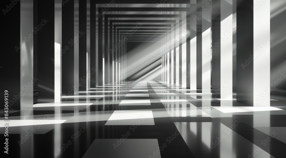Obraz premium abstract black and white background with long corridor in the center, minimalistic geometric lines on clean wall, light reflection from the floor