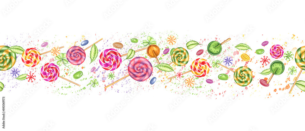 Colored candies with young green leaves flying up. Multicolored fruit and berry splashes. Spiral and round lollipops. Bonbons with striped swirls. Seamless banner. Watercolor illustration for package Colored candies with young green leaves flying up. Multicolored fruit and berry splashes. Spiral and round lollipops. Bonbons with striped swirls. Seamless banner. Watercolor illustration for package
