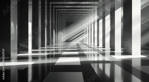 abstract black and white background with long corridor in the center, minimalistic geometric lines on clean wall, light reflection from the floor