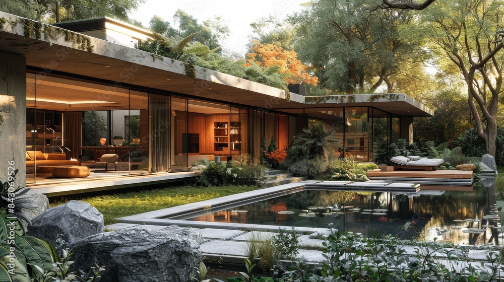 Featuring a high-end modern house with wood finishes and a natural-looking backyard pool surrounded by vegetation Featuring a high-end modern house with wood finishes and a natural-looking backyard pool surrounded by vegetation