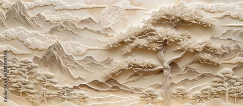 Fototapeta Naklejka Na Ścianę i Meble -  Beautiful Chinese landscape 3d relief wallpaper. Mural wallpaper. Wall art. AI generated illustration.