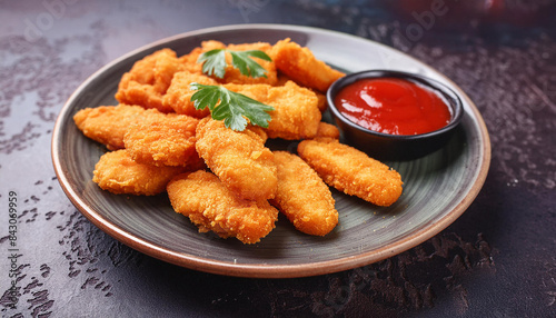 Classic chicken nuggets, tomato sauce. Delicious meal. Tasty fast food. Nutritious snack. Close-up.