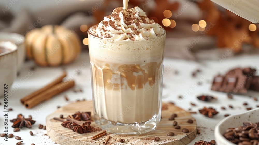 A festive pumpkin spice latte topped with whipped cream, drizzle and a straw, set against a cozy autumnal background A festive pumpkin spice latte topped with whipped cream, drizzle and a straw, set against a cozy autumnal background