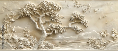 Fototapeta Naklejka Na Ścianę i Meble -  Beautiful Chinese landscape 3d relief wallpaper. Mural wallpaper. Wall art. AI generated illustration.