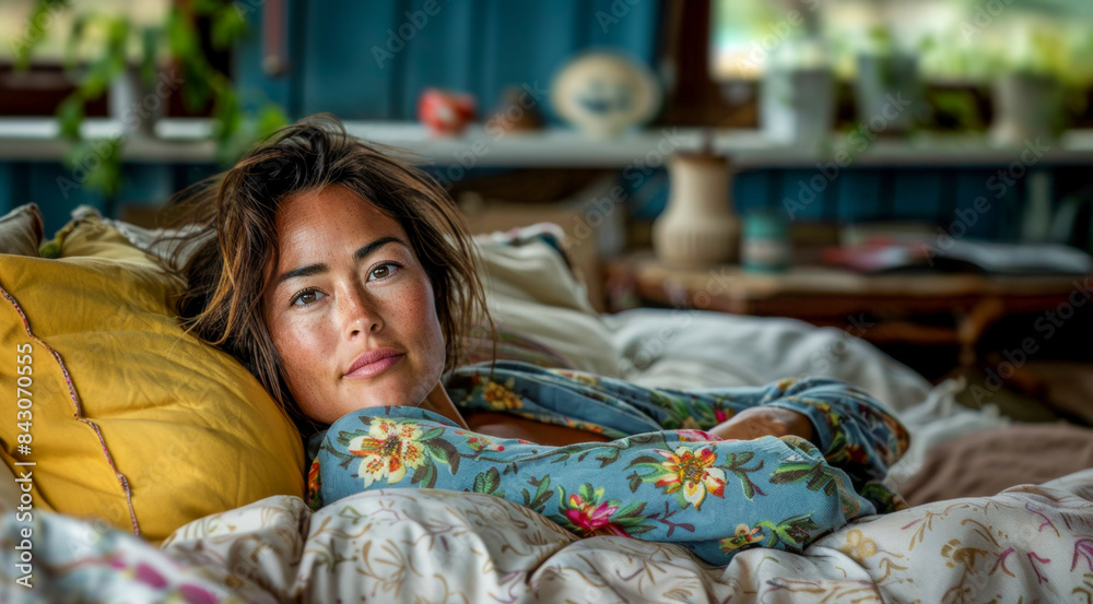 A woman floral pyjamas relaxing on a bed. A woman floral pyjamas relaxing on a bed.