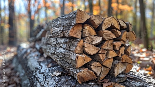 A stack of freshly chopped firewood arranged neatly in a forest with autumn leaves