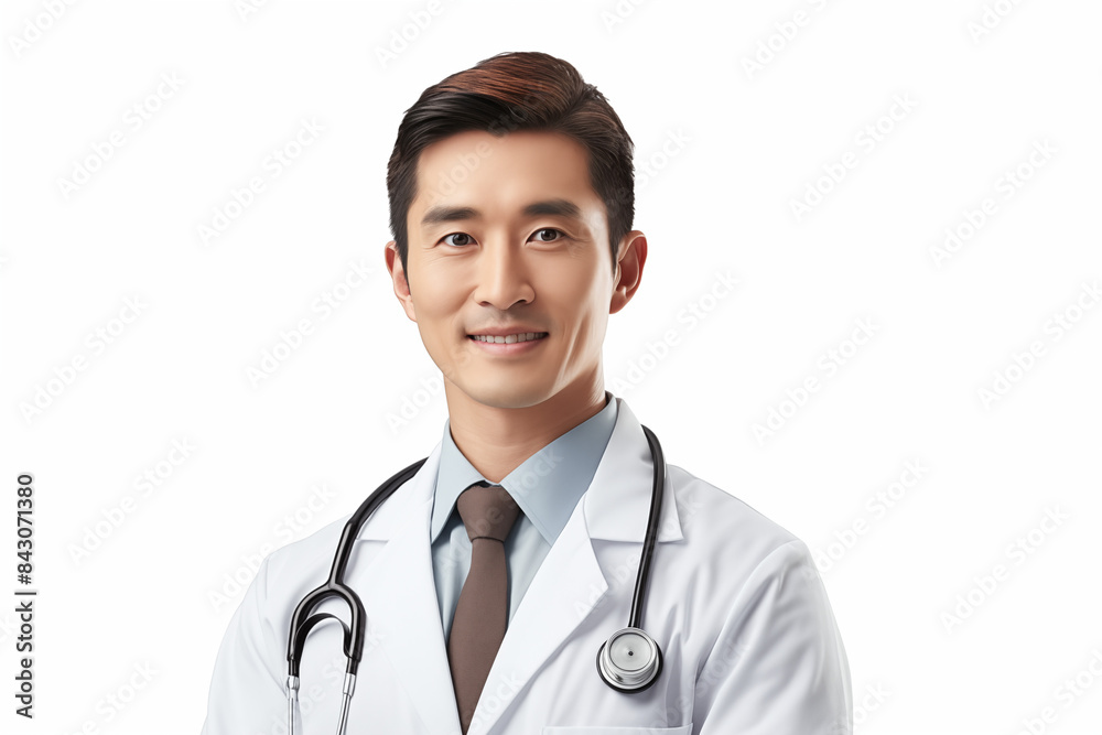 Asian smiling doctor on a white background. World of Medicine. Personal care profession. Medical studies. Asian doctor. China. Japan. Images for graphic designers. Image for communication. AI.	