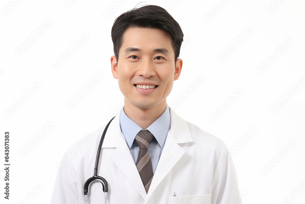Asian smiling doctor on a white background. World of Medicine. Personal care profession. Medical studies. Asian doctor. China. Japan. Images for graphic designers. Image for communication. AI. Asian smiling doctor on a white background. World of Medicine. Personal care profession. Medical studies. Asian doctor. China. Japan. Images for graphic designers. Image for communication. AI.