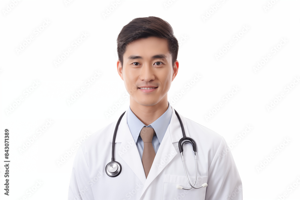 Asian smiling doctor on a white background. World of Medicine. Personal care profession. Medical studies. Asian doctor. China. Japan. Images for graphic designers. Image for communication. AI. Asian smiling doctor on a white background. World of Medicine. Personal care profession. Medical studies. Asian doctor. China. Japan. Images for graphic designers. Image for communication. AI.