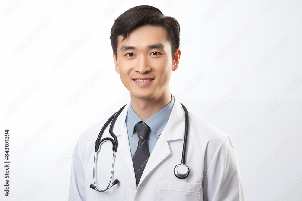Asian smiling doctor on a white background. World of Medicine. Personal care profession. Medical studies. Asian doctor. China. Japan. Images for graphic designers. Image for communication. AI. Asian smiling doctor on a white background. World of Medicine. Personal care profession. Medical studies. Asian doctor. China. Japan. Images for graphic designers. Image for communication. AI.