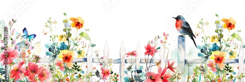 Bird Invitation. Wedding Invitation Set with Watercolor Floral Garden Fence Design photo
