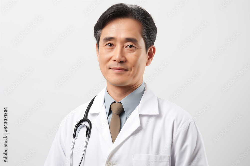 Asian smiling doctor on a white background. World of Medicine. Personal care profession. Medical studies. Asian doctor. China. Japan. Images for graphic designers. Image for communication. AI. Asian smiling doctor on a white background. World of Medicine. Personal care profession. Medical studies. Asian doctor. China. Japan. Images for graphic designers. Image for communication. AI.