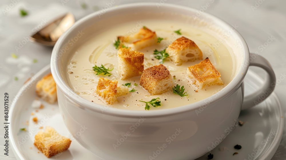 sour cream and onion soup topped with golden croutons in a white bowl against a serene light background, captured in a tantalizing close-up shot from the front view. sour cream and onion soup topped with golden croutons in a white bowl against a serene light background, captured in a tantalizing close-up shot from the front view.