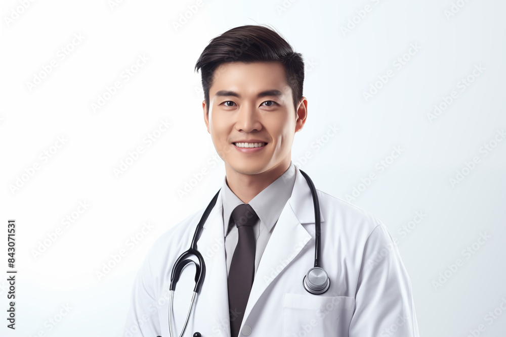 Asian smiling doctor on a white background. World of Medicine. Personal care profession. Medical studies. Asian doctor. China. Japan. Images for graphic designers. Image for communication. AI. Asian smiling doctor on a white background. World of Medicine. Personal care profession. Medical studies. Asian doctor. China. Japan. Images for graphic designers. Image for communication. AI.