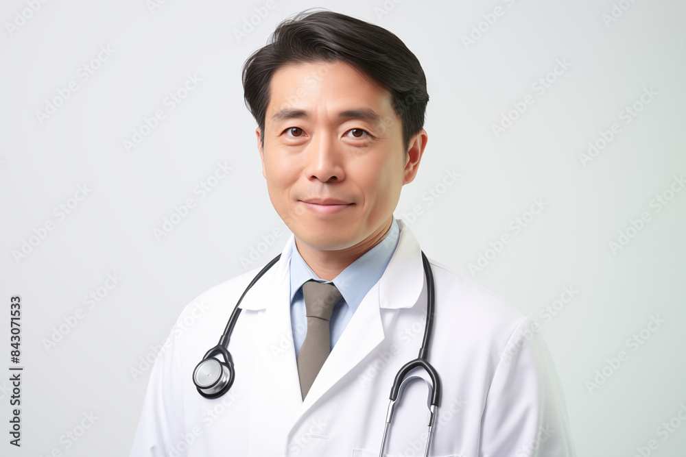 Asian smiling doctor on a white background. World of Medicine. Personal care profession. Medical studies. Asian doctor. China. Japan. Images for graphic designers. Image for communication. AI. Asian smiling doctor on a white background. World of Medicine. Personal care profession. Medical studies. Asian doctor. China. Japan. Images for graphic designers. Image for communication. AI.