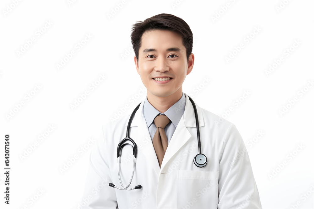 Asian smiling doctor on a white background. World of Medicine. Personal care profession. Medical studies. Asian doctor. China. Japan. Images for graphic designers. Image for communication. AI. Asian smiling doctor on a white background. World of Medicine. Personal care profession. Medical studies. Asian doctor. China. Japan. Images for graphic designers. Image for communication. AI.