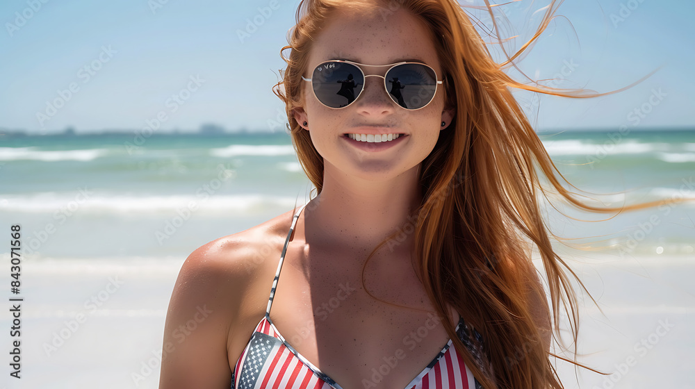 Woman American Flag Bikini: Beach Babe with a Touch of Patriotism Woman American Flag Bikini: Beach Babe with a Touch of Patriotism