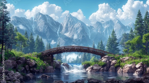 A beautifully animated landscape featuring a bridge over a swift stream, with dramatic mountain peaks and fluffy clouds against a blue sky photo