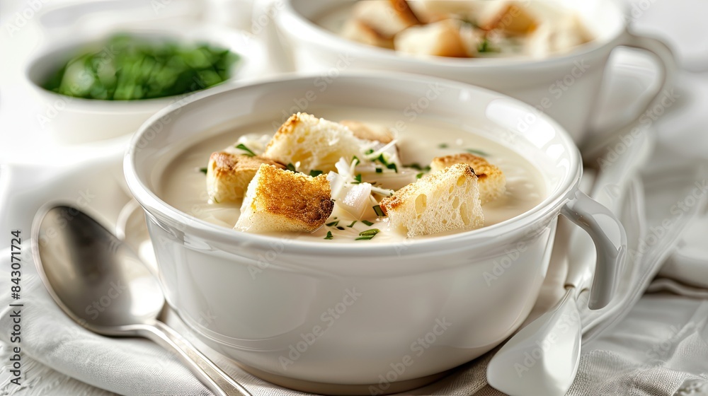 sour cream and onion soup topped with golden croutons in a white bowl against a serene light background, captured in a tantalizing close-up shot from the front view. sour cream and onion soup topped with golden croutons in a white bowl against a serene light background, captured in a tantalizing close-up shot from the front view.