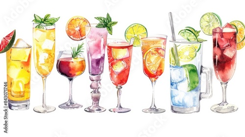 Drink Clipart. Collection of Watercolor Cocktail Illustrations with Ice and Party Beverage Elements