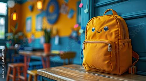 Yellow backpack on desk in colorful classroom ready for new school year