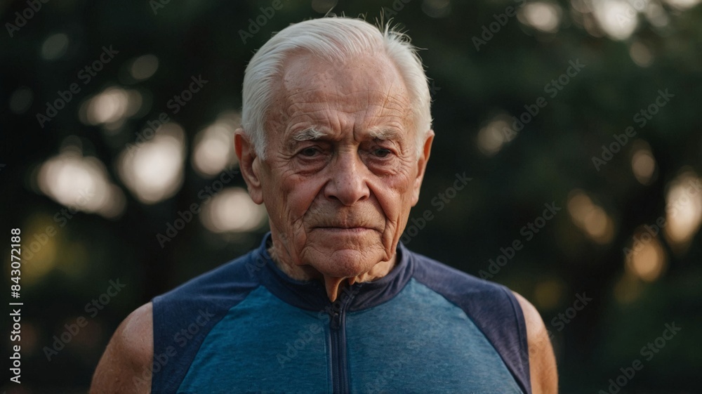 Elderly man in gym clothes doing walk, healthy lifestyle.