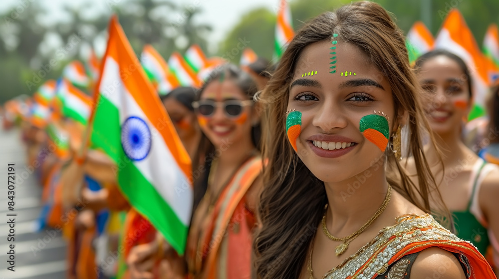 Smiling Indian Young Woman At India Independence Day National Celebration With Indian Flag, Indian Culture Event, Mock Up Space For Text Smiling Indian Young Woman At India Independence Day National Celebration With Indian Flag, Indian Culture Event, Mock Up Space For Text
