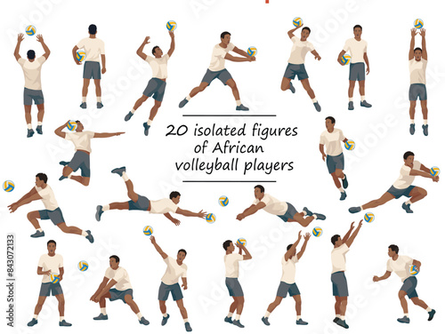 18 vector isolated figures of African volleyball team players in white T-shirts in various poses training, running, jumping, throwing, hitting the ball
