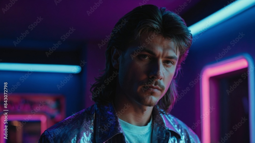 Man with mullet haircut and 80s style clothes, room with purple neon lights in the background, nostalgia concept. Man with mullet haircut and 80s style clothes, room with purple neon lights in the background, nostalgia concept.