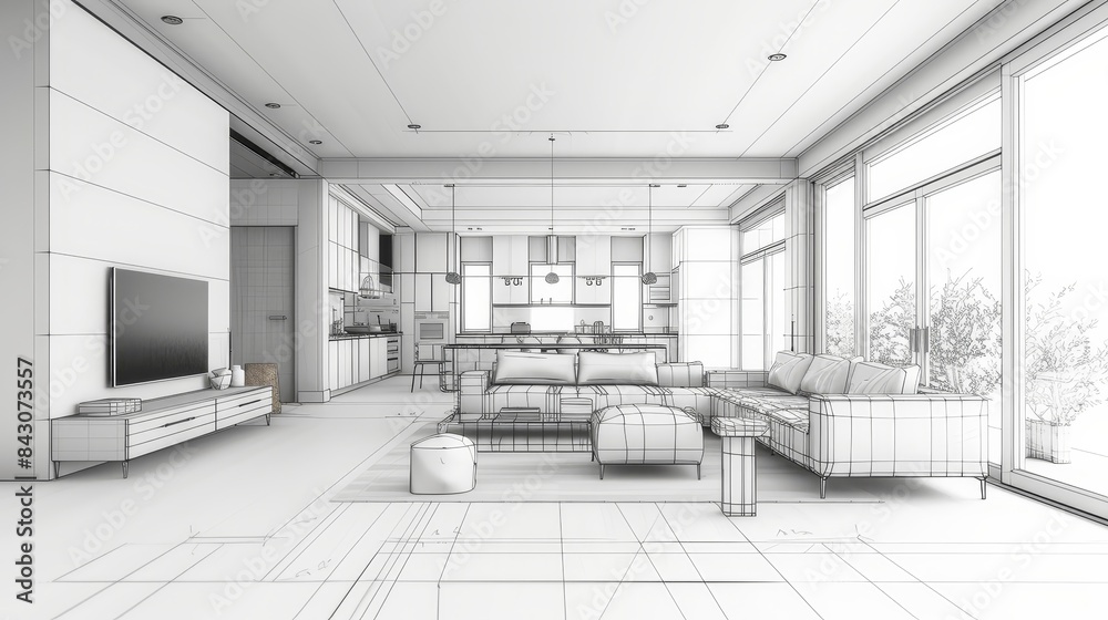 Modern home interior concept, blending realistic textures with structural drawing wireframes, emphasizing open living space, minimalist furniture Modern home interior concept, blending realistic textures with structural drawing wireframes, emphasizing open living space, minimalist furniture