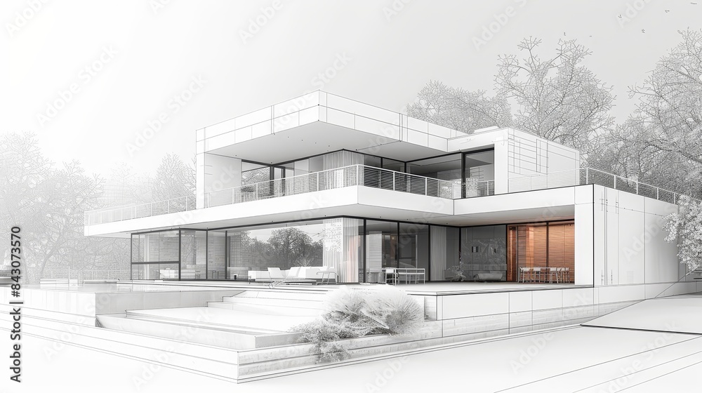 Modern house blueprint, detailed and abstract, featuring structural wireframe lines combined with realistic residential building models