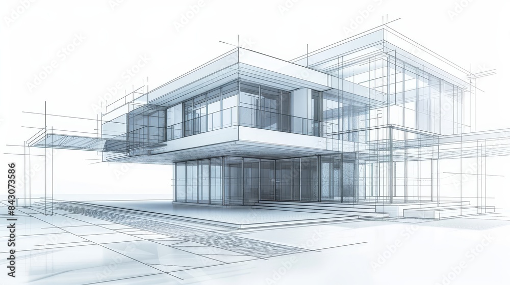 Modern house blueprint, detailed and abstract, featuring structural wireframe lines combined with realistic residential building models Modern house blueprint, detailed and abstract, featuring structural wireframe lines combined with realistic residential building models