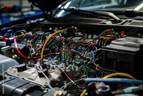 Automotive Engine Bay with Diagnostic Sensors and Tools Measuring Performance Parameters © spyrakot