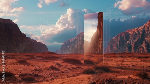 Mysterious desert setting with a mirror plane reflecting surreal landscapes, creating a dream portal effect for banners