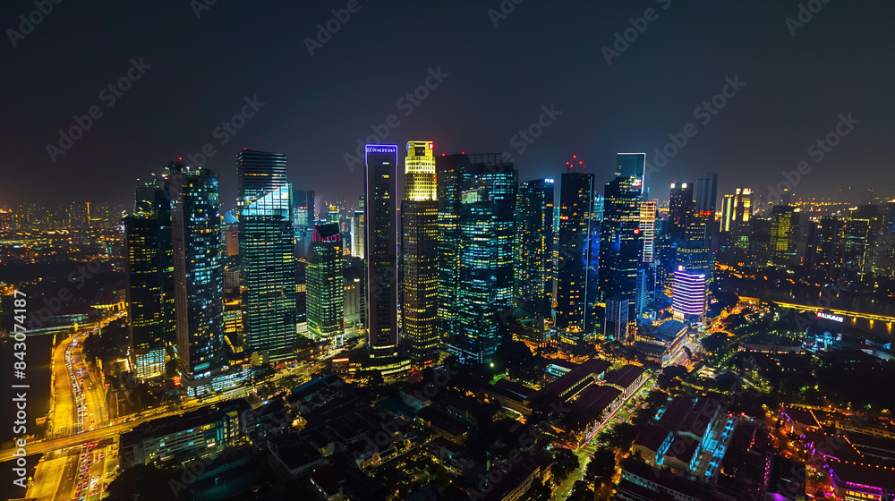 Bird's Eye View of Modern Urban Skyline at Night Bird's Eye View of Modern Urban Skyline at Night