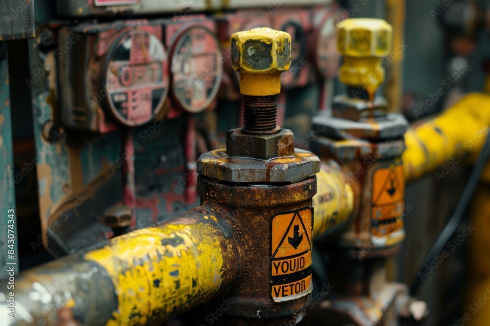 Close-Up of Safety Labels on Rusty Plumbing Tools with Warning Signs for Trade Safety and Maintenance Close-Up of Safety Labels on Rusty Plumbing Tools with Warning Signs for Trade Safety and Maintenance
