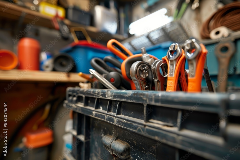 Fototapeta premium Well-Organized Plumber's Toolbox with Essential Tools in a Workshop Setting for Repair and Maintenance