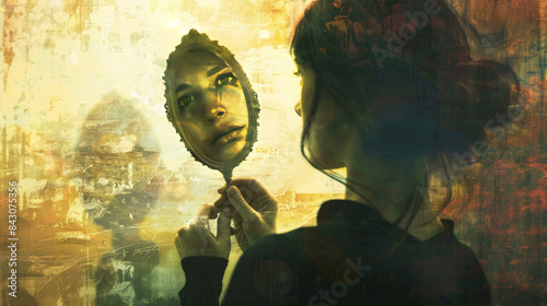 A woman holds a mirror in her hand, and her reflection appears from behind her. The concept of identity is represented in this image.