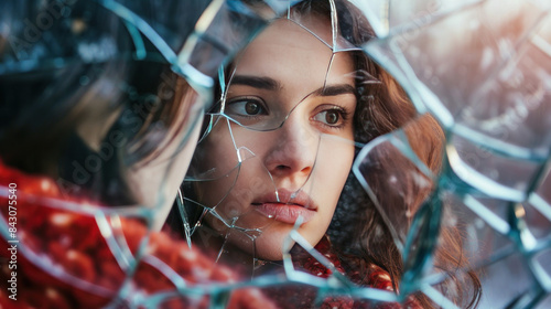 A woman struggling with self-esteem and a negative body image is reflected in a broken mirror. photo