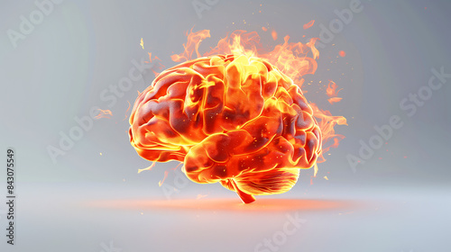 A brain is on fire, with flames coming out of it. The brain is surrounded by a white background. brain made of fire 3D white background photo