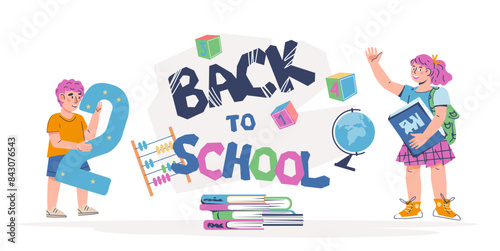 Back to school banner template with schoolchildren ready for school, cartoon flat vector illustration isolated on white background. © Anastasia