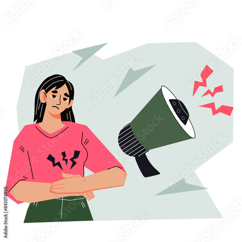 Woman with abdominal emergency acute pain. Appendicitis, menstruation PMS syndrome and stomach ache, flat cartoon vector illustration isolated on white background.