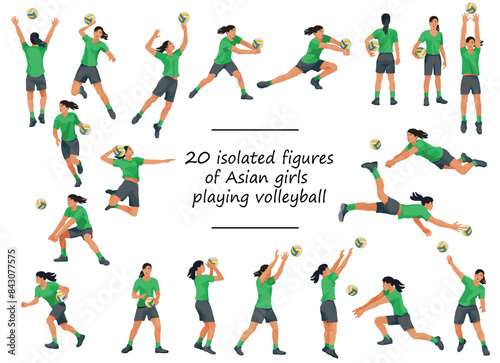 20 figures of Asian women's volleyball team players in green T-shirts training, running, jumping, throwing, hitting the ball