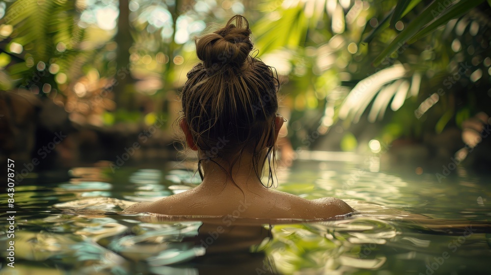 Fototapeta premium Beautiful woman relaxing in the pool at a luxury hotel resort in Bali island with a tropical forest in the background.