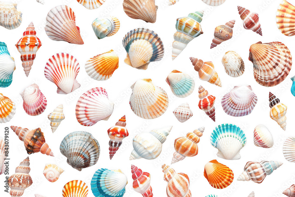 A colorful array of seashells, arranged in a seamless pattern. A colorful array of seashells, arranged in a seamless pattern.
