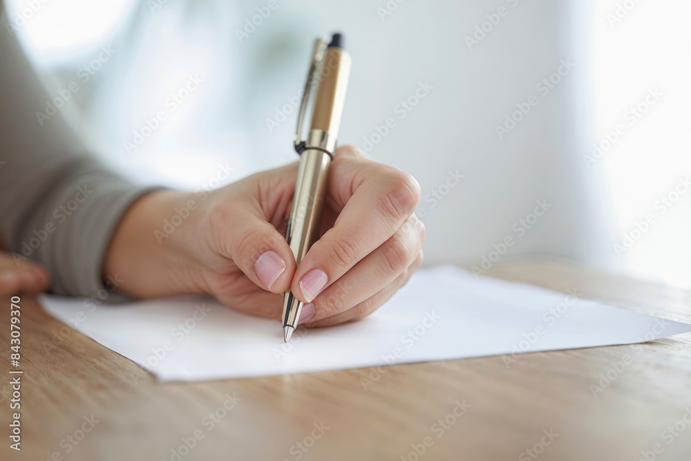 Hand of woman is writing with a pen on document. Conception signing an agreement Hand of woman is writing with a pen on document. Conception signing an agreement