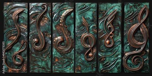 multipart artisan copper relief, musical wavy abstract pattern made of black patinated copper photo