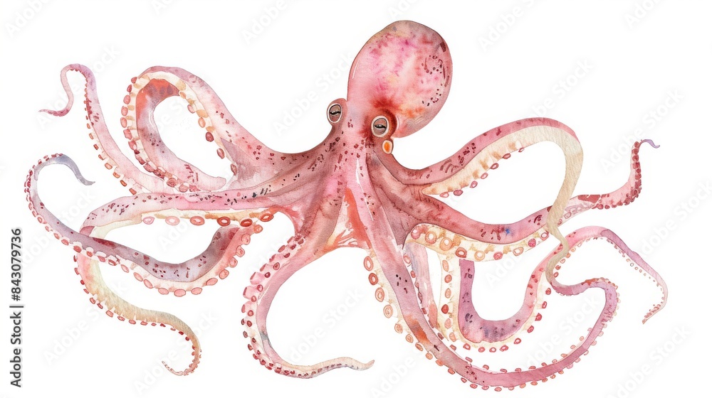 Obraz premium A watercolor painting of a pink octopus, with its tentacles spread out in a radial pattern.