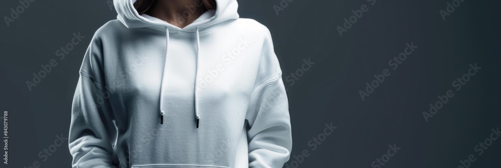 Girl With Hood. Fashion Mockup of Long Hoodie on Beautiful Girl in White, Black, and Heather Shirt