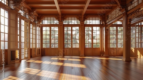 Open room with elegant wood floors, abundant windows, wooden frame architecture, interior scene, high detail